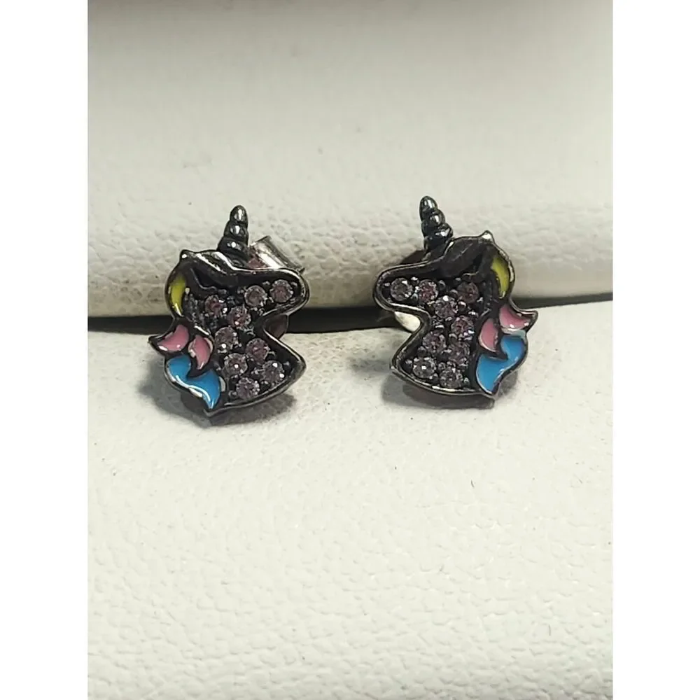 Sterling Silver Unicorn Stud Earrings with Pastel Enamel & Clear Rhinestones